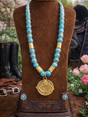 Turquoise Horse Necklace, Gold Horse Pendant Necklace, Western Jewelry, Equestri